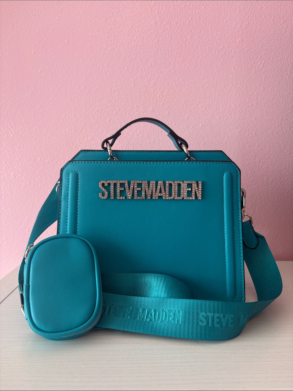 Steve Madden Bevelyn Teal Structured Crossbody with Detachable Strap
